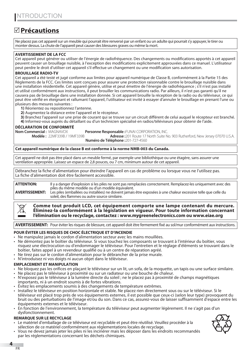 Ntroduction, Précautions | Philips Magnavox 22MF339B User Manual | Page 43 / 118