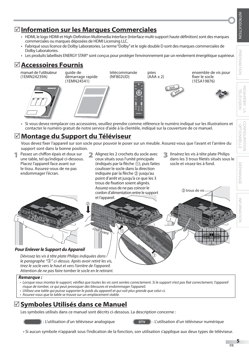 Information sur les marques commerciales, Accessoires fournis, Montage du support du téléviseur | Symboles utilisés dans ce manuel | Philips Magnavox 22MF339B User Manual | Page 44 / 118