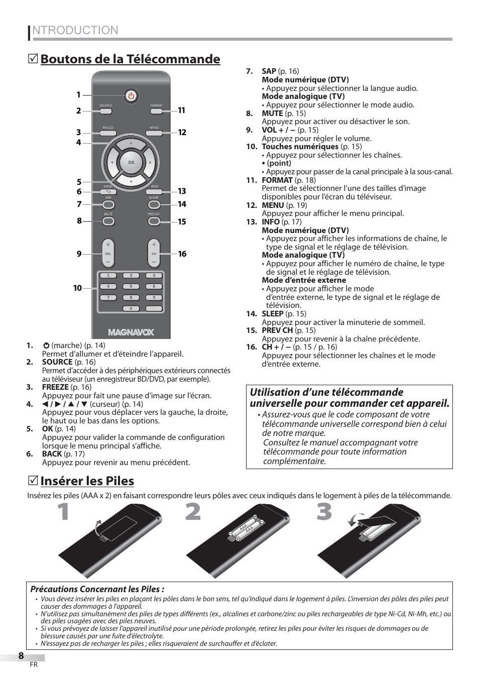 Ntroduction, Boutons de la télécommande, Insérer les piles | Philips Magnavox 22MF339B User Manual | Page 47 / 118