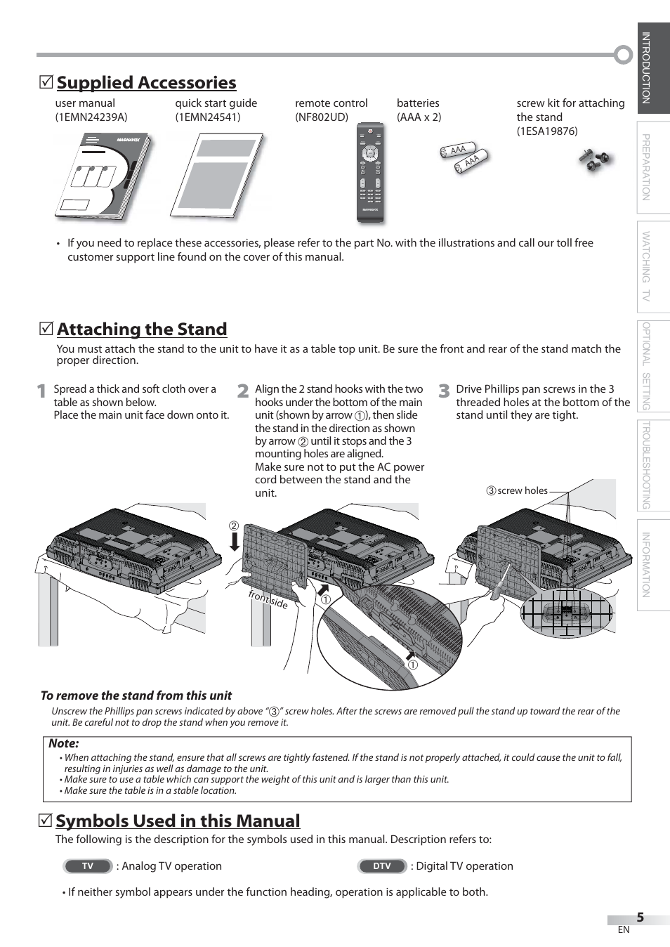 Supplied accessories, Attaching the stand, Symbols used in this manual | Philips Magnavox 22MF339B User Manual | Page 5 / 118