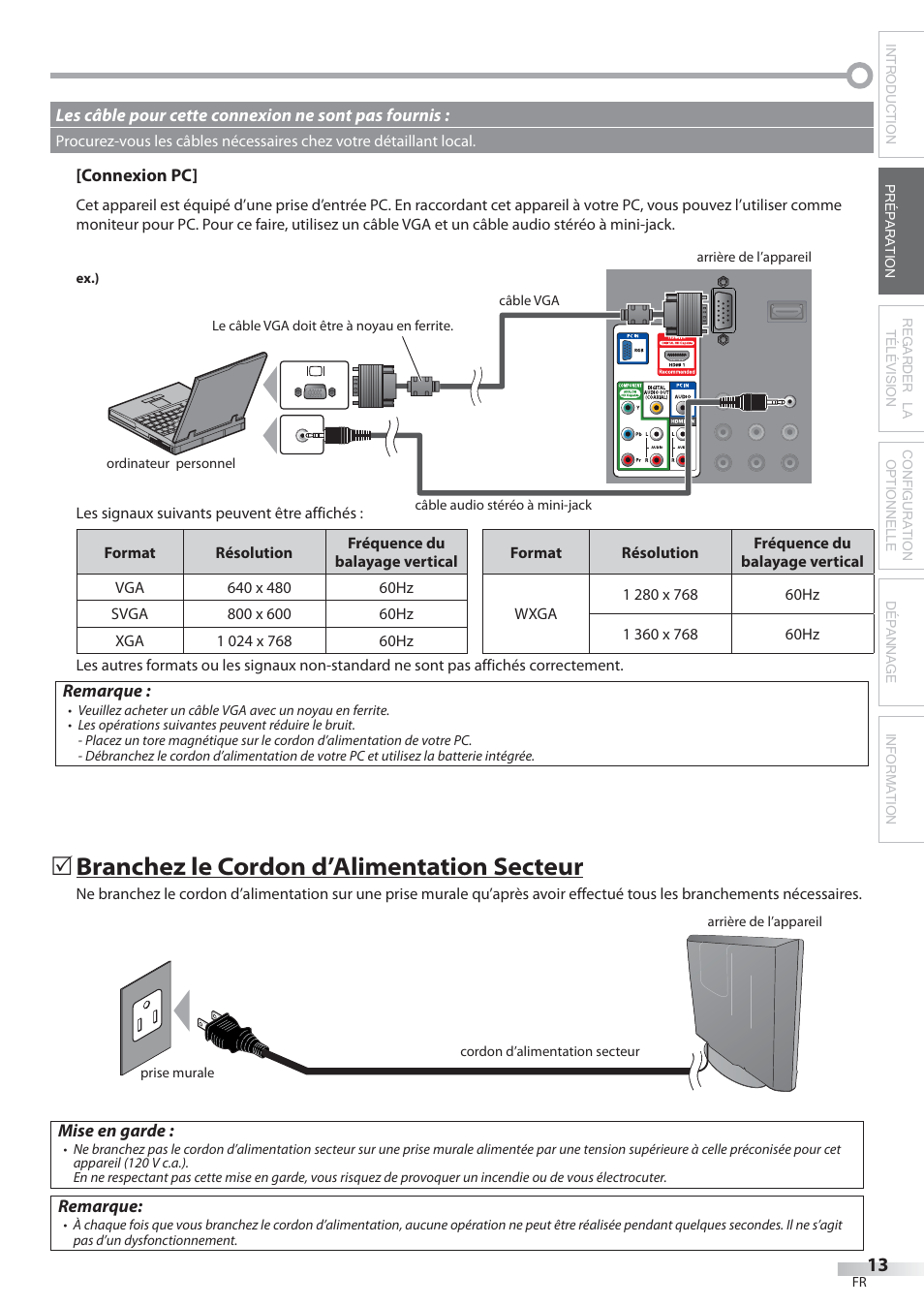 Branchez le cordon d’alimentation secteur | Philips Magnavox 22MF339B User Manual | Page 52 / 118