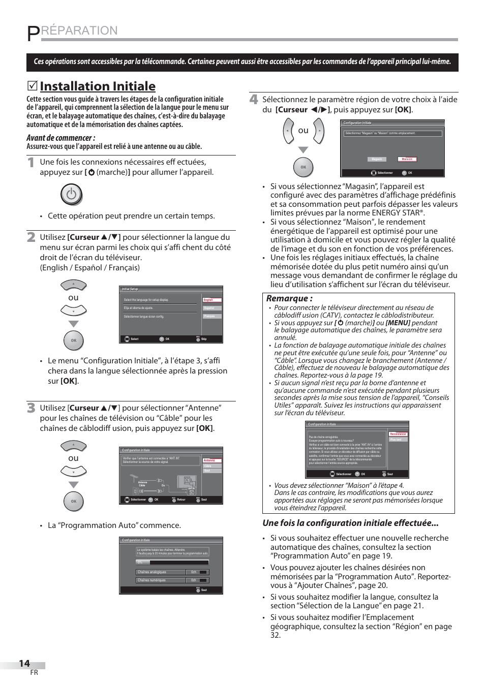 Réparation, Installation initiale, Avant de commencer | Remarque, Une fois la configuration initiale effectuée, La “programmation auto” commence | Philips Magnavox 22MF339B User Manual | Page 53 / 118