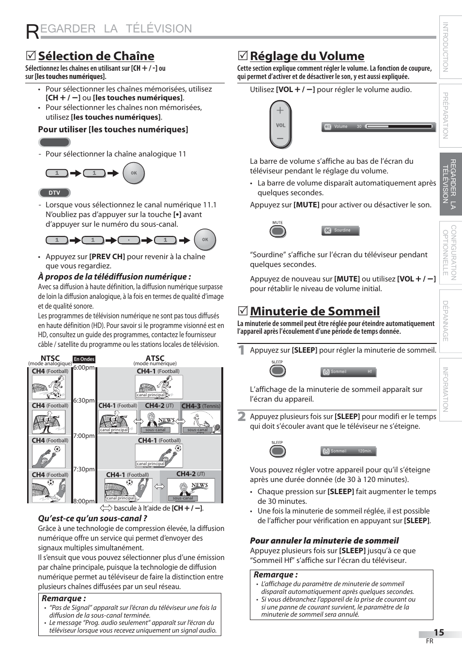 Egarder la télévision, Sélection de chaîne, Réglage du volume | Minuterie de sommeil | Philips Magnavox 22MF339B User Manual | Page 54 / 118