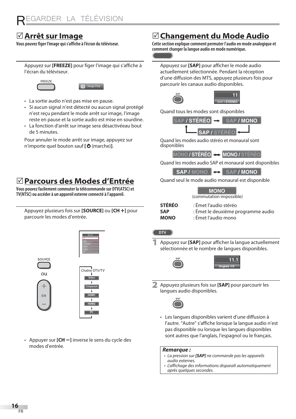 Egarder la télévision, Arrêt sur image, Parcours des modes d’entrée | Changement du mode audio | Philips Magnavox 22MF339B User Manual | Page 55 / 118