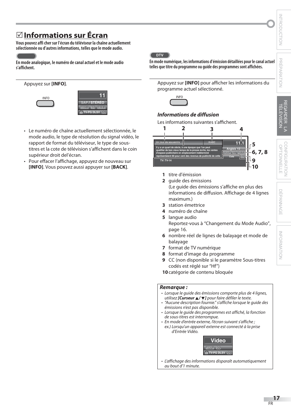 Informations sur écran, Informations de diffusion, Remarque | Video | Philips Magnavox 22MF339B User Manual | Page 56 / 118