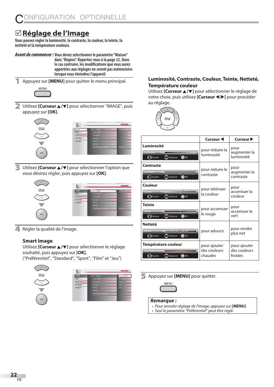 Onfiguration optionnelle, Réglage de l’image, Avant de commencer | Smart image, Remarque, Appuyez sur [menu] pour quitter le menu principal, Régler la qualité de l’image, Appuyez sur [menu] pour quitter | Philips Magnavox 22MF339B User Manual | Page 61 / 118