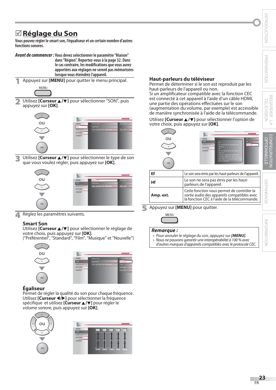 Réglage du son, Avant de commencer, Smart son | Égaliseur, Haut-parleurs du téléviseur, Remarque, Appuyez sur [menu] pour quitter le menu principal, Réglez les paramètres suivants, Appuyez sur [menu] pour quitter | Philips Magnavox 22MF339B User Manual | Page 62 / 118