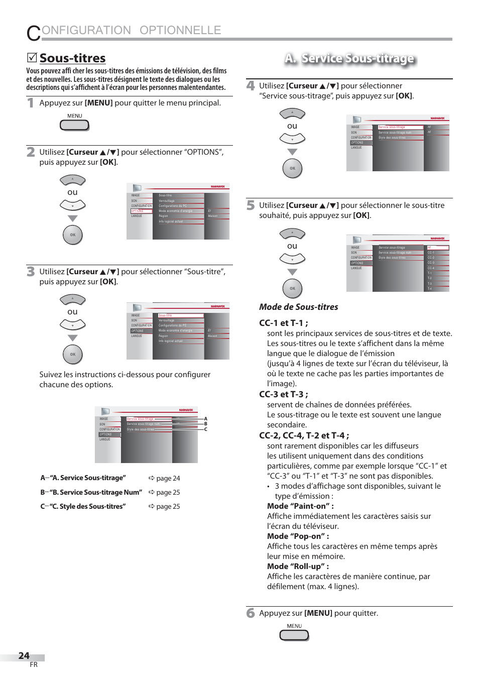 Onfiguration optionnelle, Sous-titres, A. service sous-titrage | Mode de sous-titres cc-1 et t-1, Cc-3 et t-3, Cc-2, cc-4, t-2 et t-4, Appuyez sur [menu] pour quitter le menu principal, Appuyez sur [menu] pour quitter | Philips Magnavox 22MF339B User Manual | Page 63 / 118