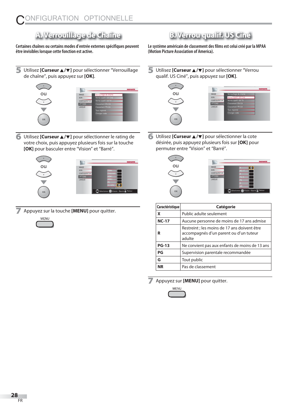 Onfiguration optionnelle, A. verrouillage de chaîne, B. verrou qualif. us ciné | Appuyez sur la touche [menu] pour quitter, Appuyez sur [menu] pour quitter | Philips Magnavox 22MF339B User Manual | Page 67 / 118