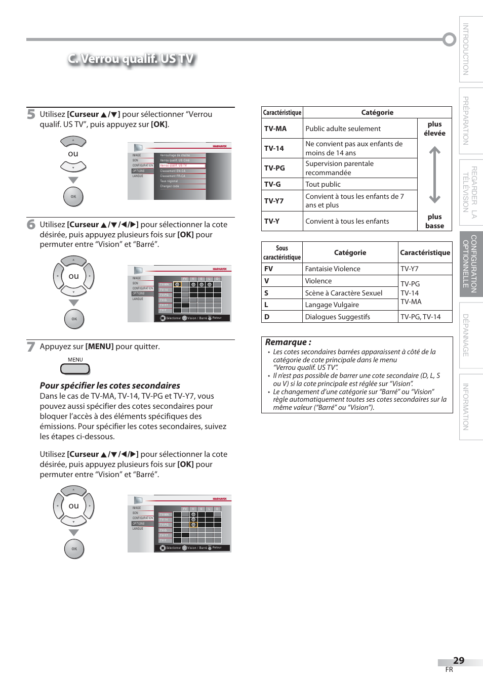 C. verrou qualif. us tv, Pour spécifier les cotes secondaires, Remarque | Appuyez sur [menu] pour quitter | Philips Magnavox 22MF339B User Manual | Page 68 / 118