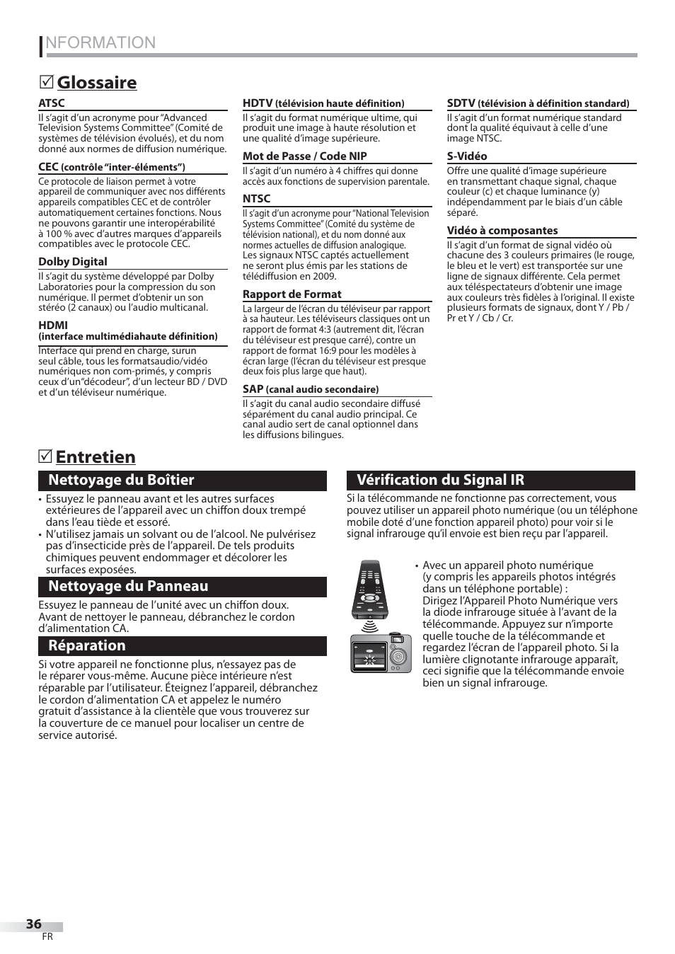 Nformation, Glossaire, Entretien | Nettoyage du boîtier, Nettoyage du panneau, Réparation, Vérification du signal ir | Philips Magnavox 22MF339B User Manual | Page 75 / 118