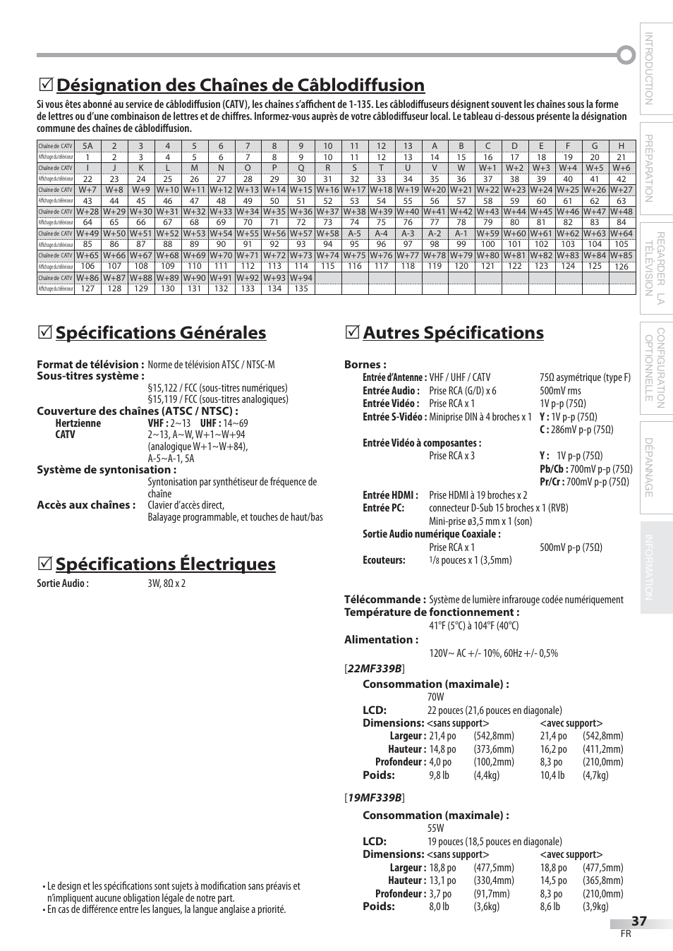 Spécifications générales, Spécifications électriques, Autres spécifications | Désignation des chaînes de câblodiffusion | Philips Magnavox 22MF339B User Manual | Page 76 / 118