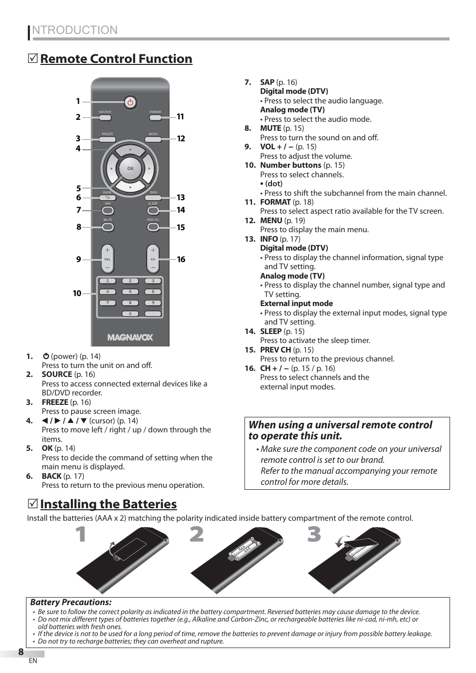 Ntroduction, Remote control function, Installing the batteries | Philips Magnavox 22MF339B User Manual | Page 8 / 118