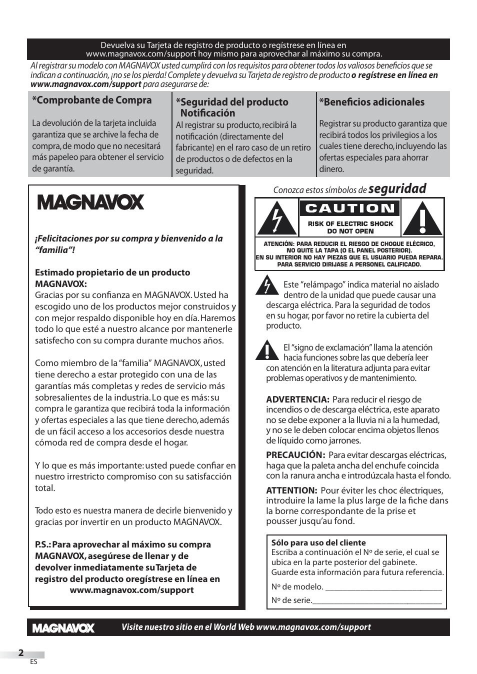 Seguridad, Comprobante de compra, Seguridad del producto notificación | Beneficios adicionales | Philips Magnavox 22MF339B User Manual | Page 80 / 118