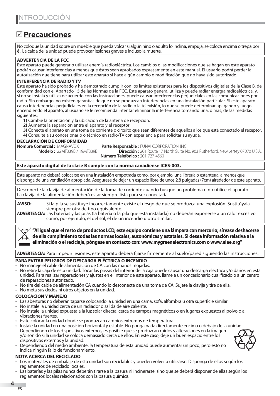 Ntroducción, Precauciones | Philips Magnavox 22MF339B User Manual | Page 82 / 118