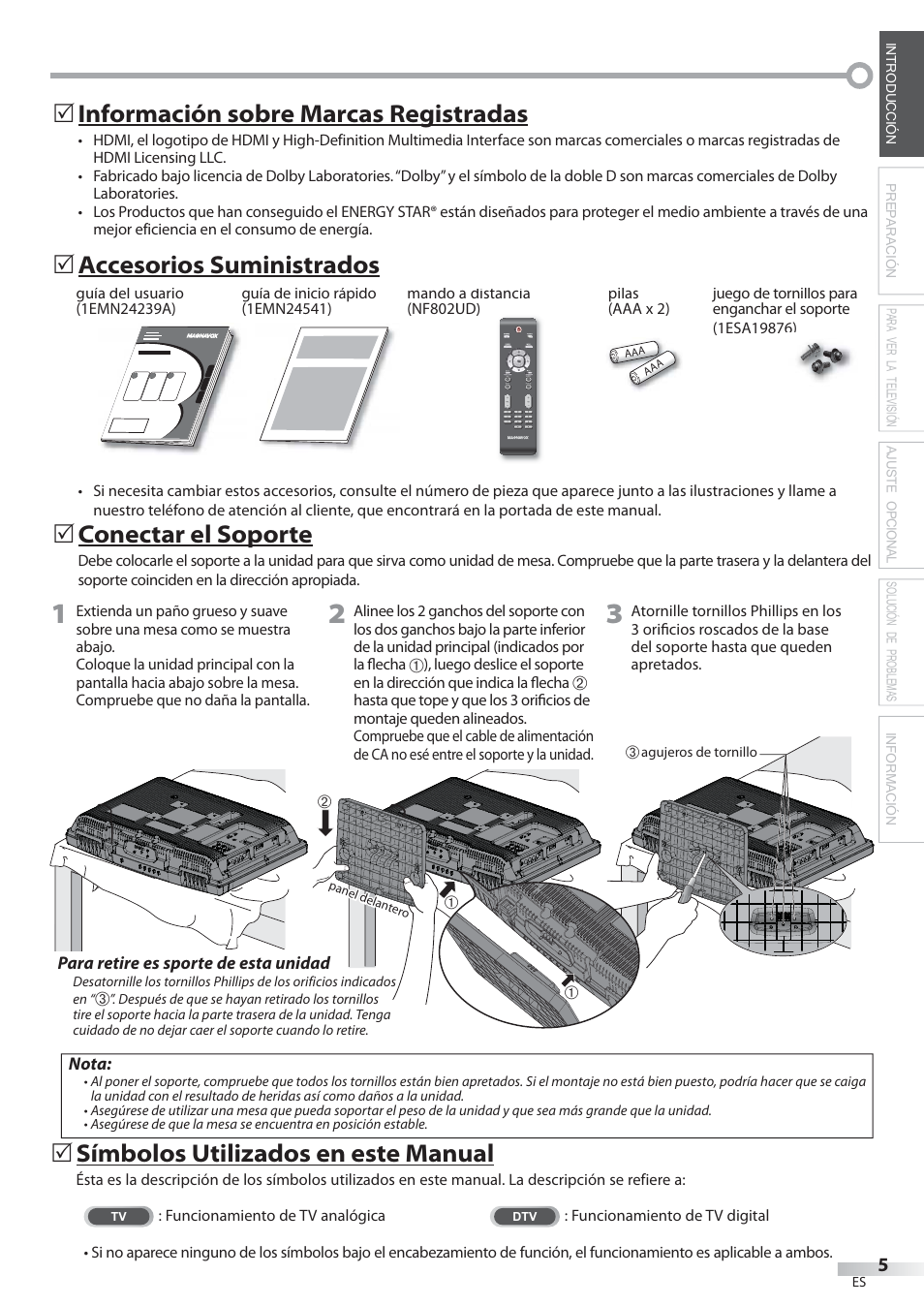 Información sobre marcas registradas, Accesorios suministrados, Símbolos utilizados en este manual | Conectar el soporte | Philips Magnavox 22MF339B User Manual | Page 83 / 118