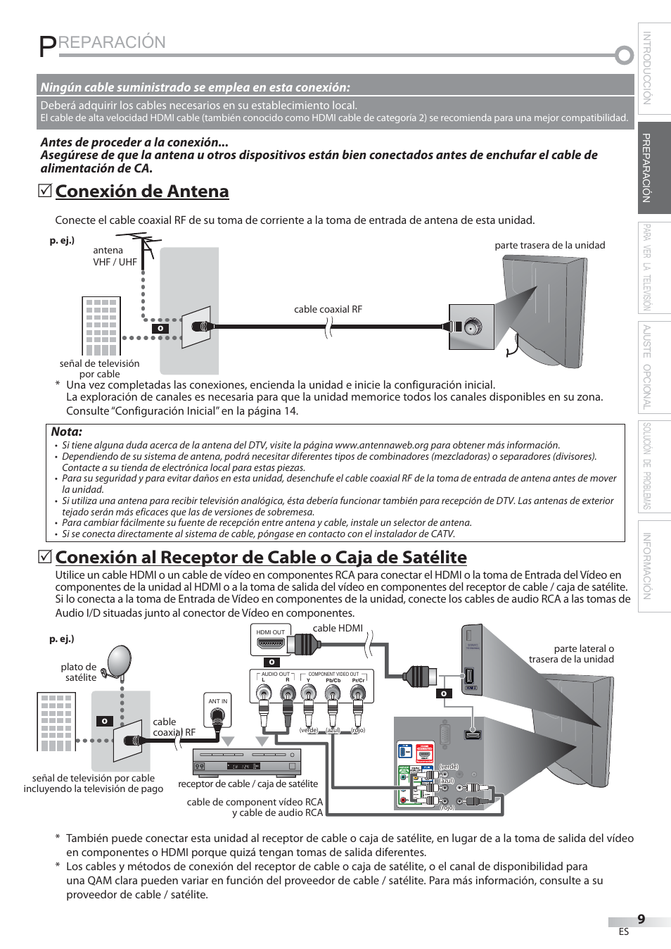 Reparación, Conexión de antena, Conexión al receptor de cable o caja de satélite | Nota | Philips Magnavox 22MF339B User Manual | Page 87 / 118