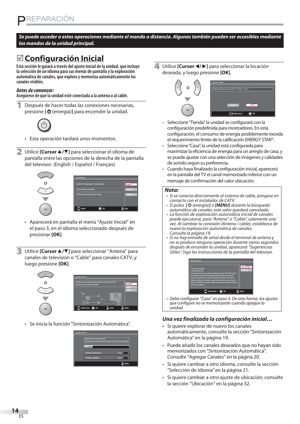 Reparación, Configuración inicial, Antes de comenzar | Nota, Una vez finalizada la configuración inicial, Se inicia la función “sintonización automática | Philips Magnavox 22MF339B User Manual | Page 92 / 118