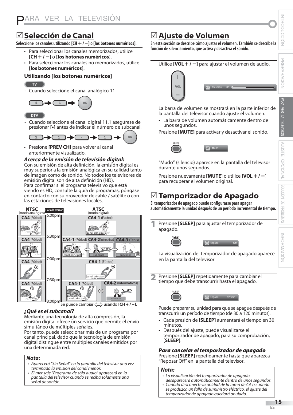 Ara ver la televisión, Selección de canal, Ajuste de volumen | Temporizador de apagado | Philips Magnavox 22MF339B User Manual | Page 93 / 118