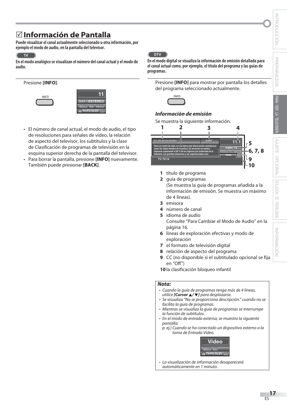 Información de pantalla, Información de emisión, Nota | Video | Philips Magnavox 22MF339B User Manual | Page 95 / 118