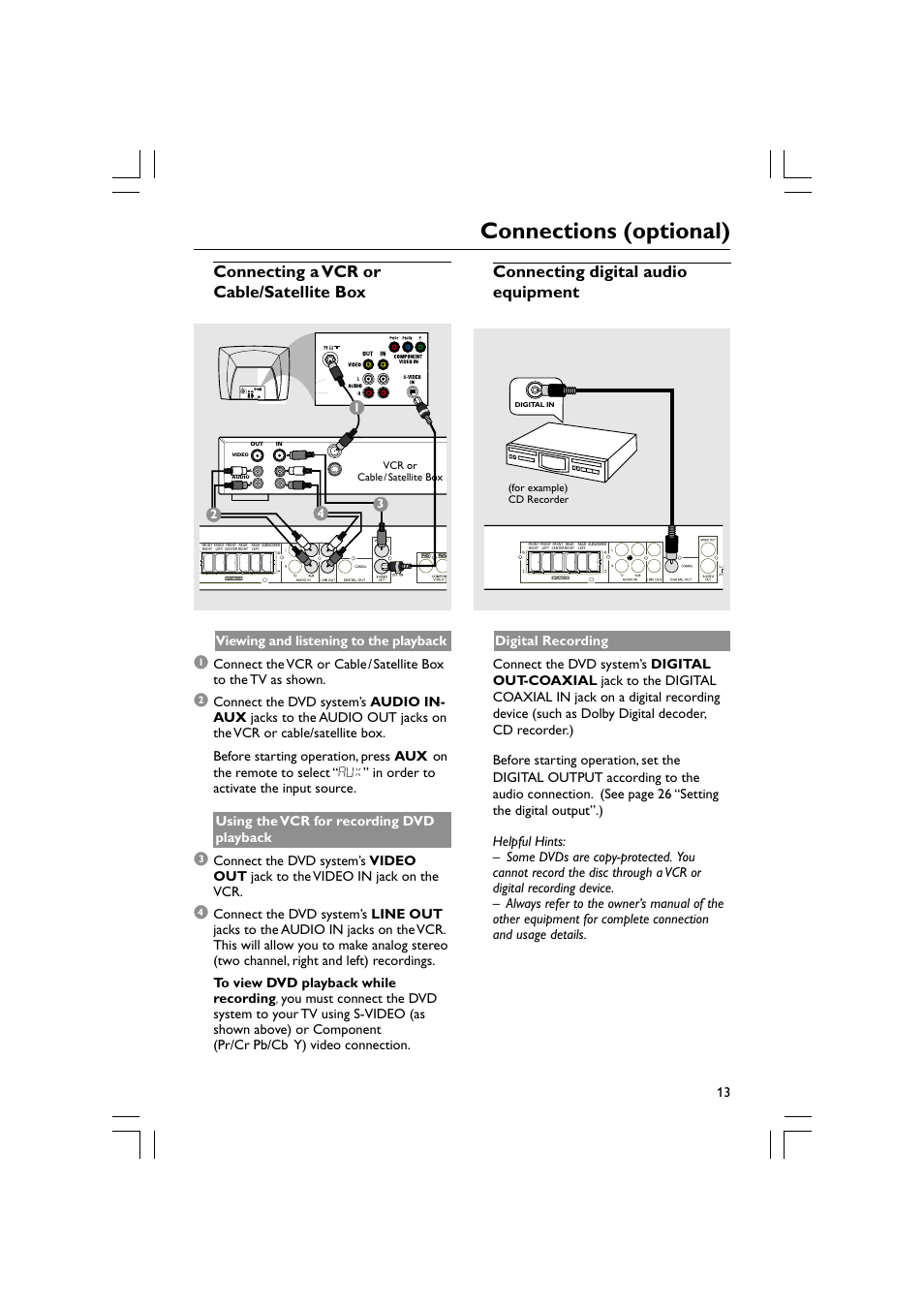 Connections (optional), Connecting a vcr or cable/satellite box, Connecting digital audio equipment | Philips Magnavox mrd120 User Manual | Page 13 / 40