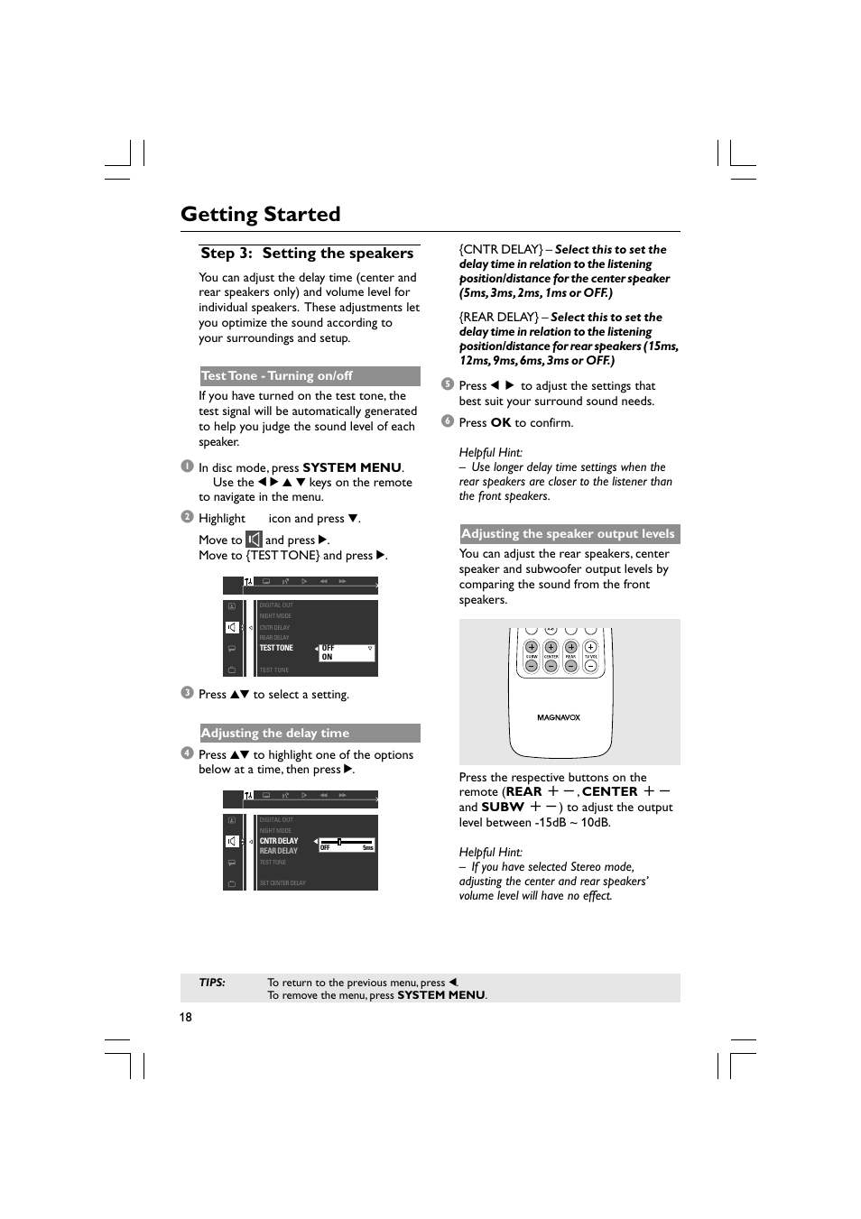 Getting started, Step 3: setting the speakers | Philips Magnavox mrd120 User Manual | Page 18 / 40