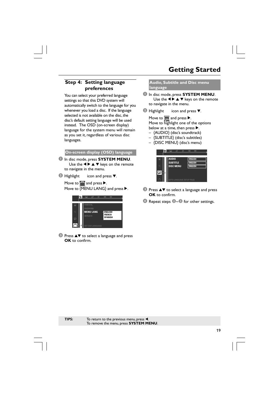 Getting started, Step 4: setting language preferences | Philips Magnavox mrd120 User Manual | Page 19 / 40