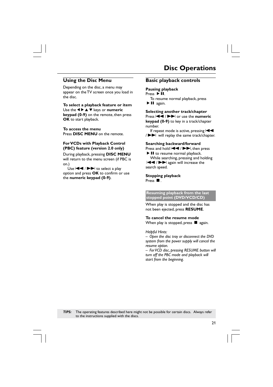 Disc operations | Philips Magnavox mrd120 User Manual | Page 21 / 40