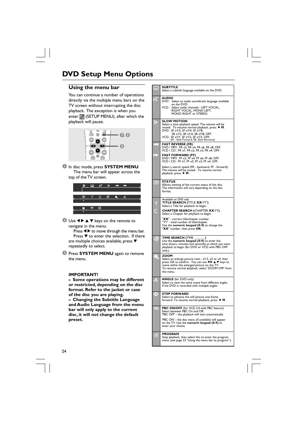 Dvd setup menu options, Using the menu bar | Philips Magnavox mrd120 User Manual | Page 24 / 40