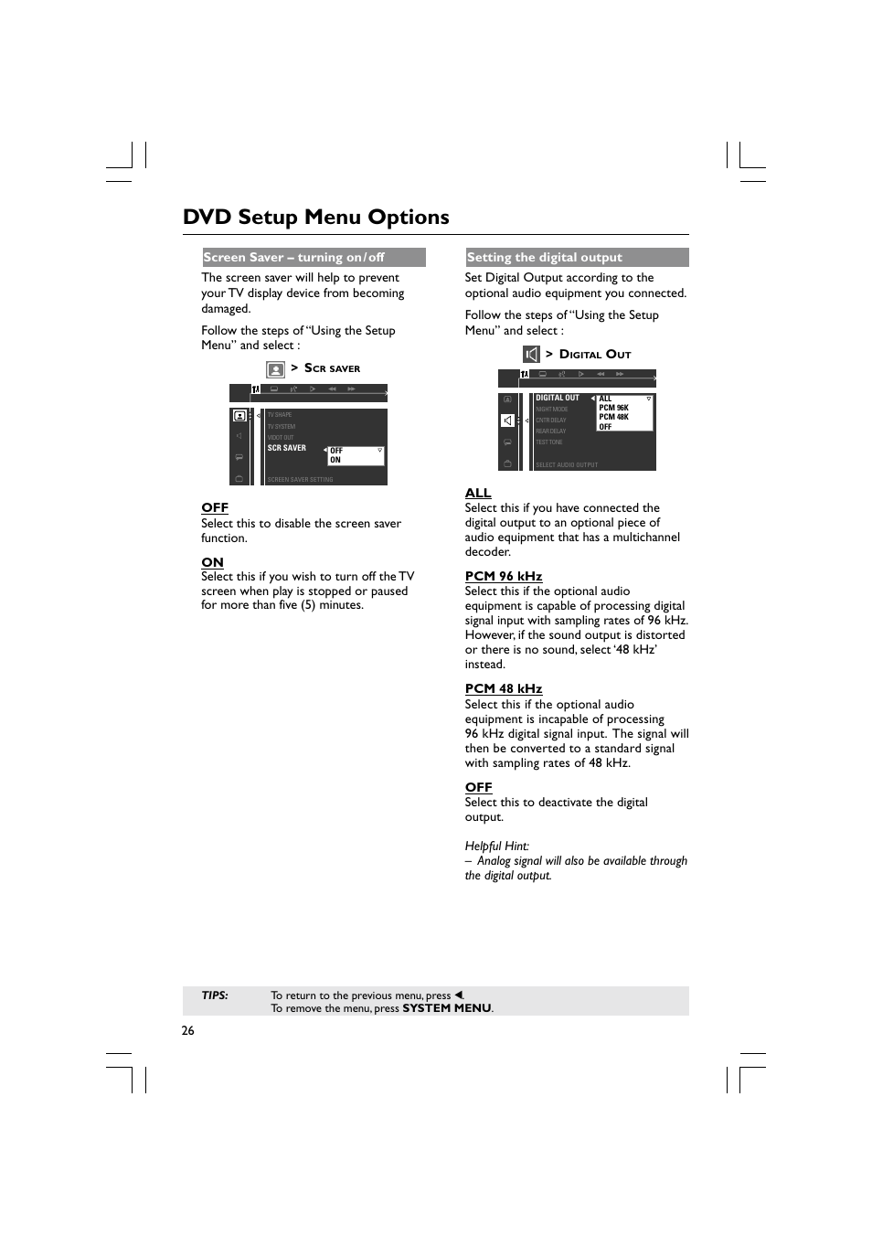 Dvd setup menu options | Philips Magnavox mrd120 User Manual | Page 26 / 40