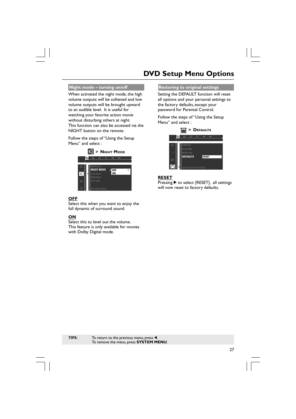 Dvd setup menu options | Philips Magnavox mrd120 User Manual | Page 27 / 40