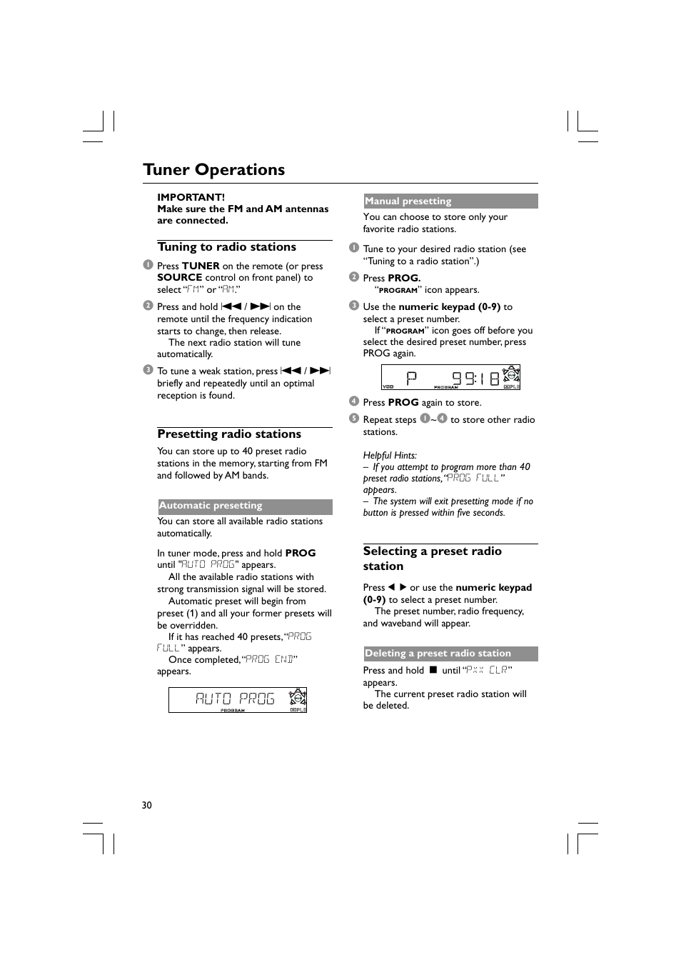 Tuner operations, Auto prog | Philips Magnavox mrd120 User Manual | Page 30 / 40