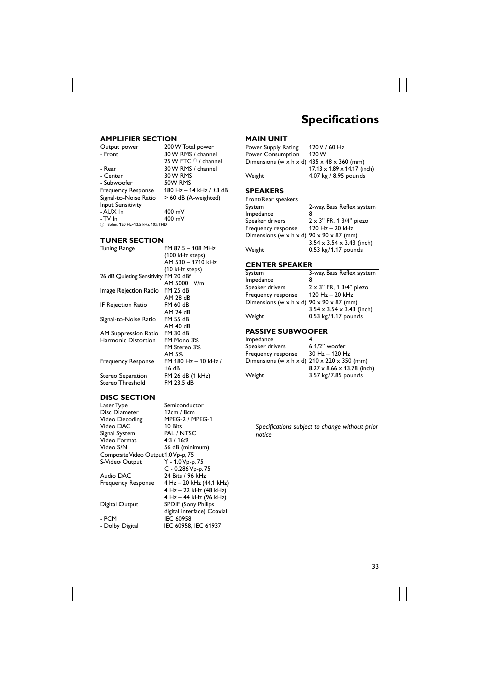 Specifications | Philips Magnavox mrd120 User Manual | Page 33 / 40