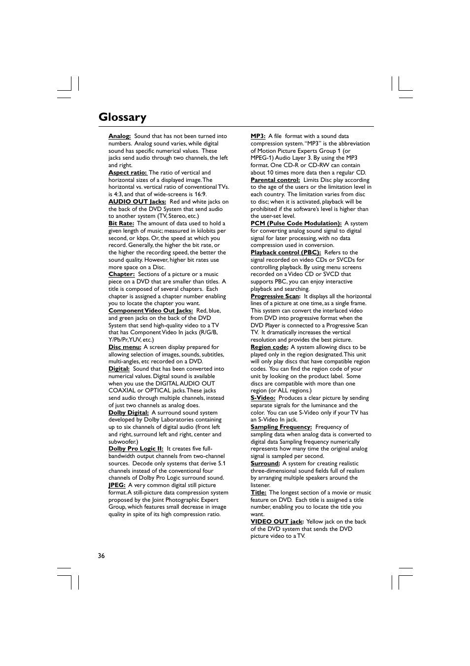 Glossary | Philips Magnavox mrd120 User Manual | Page 36 / 40