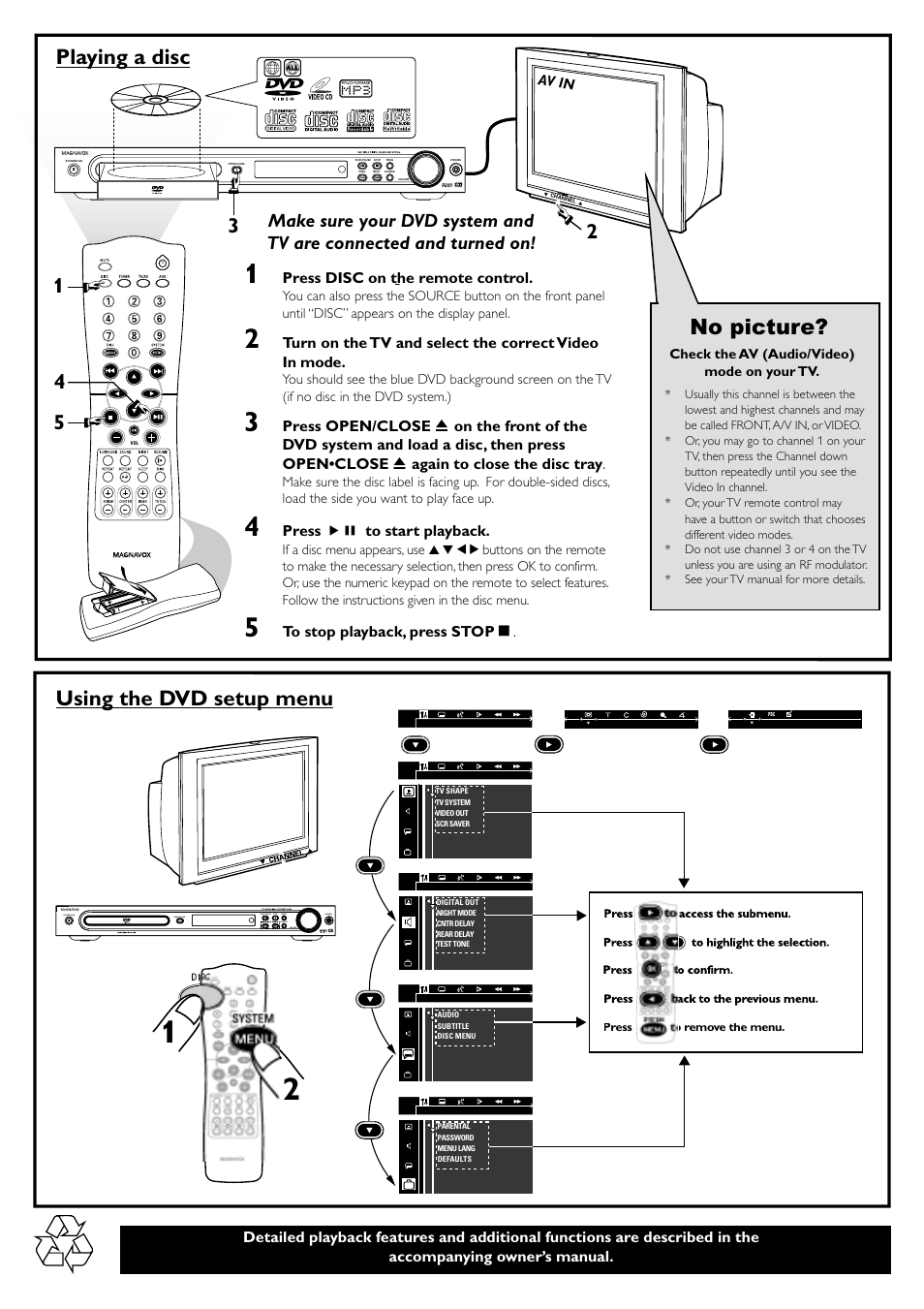 Playing a disc, Using the dvd setup menu, No picture | Philips Magnavox mrd120 User Manual | Page 39 / 40