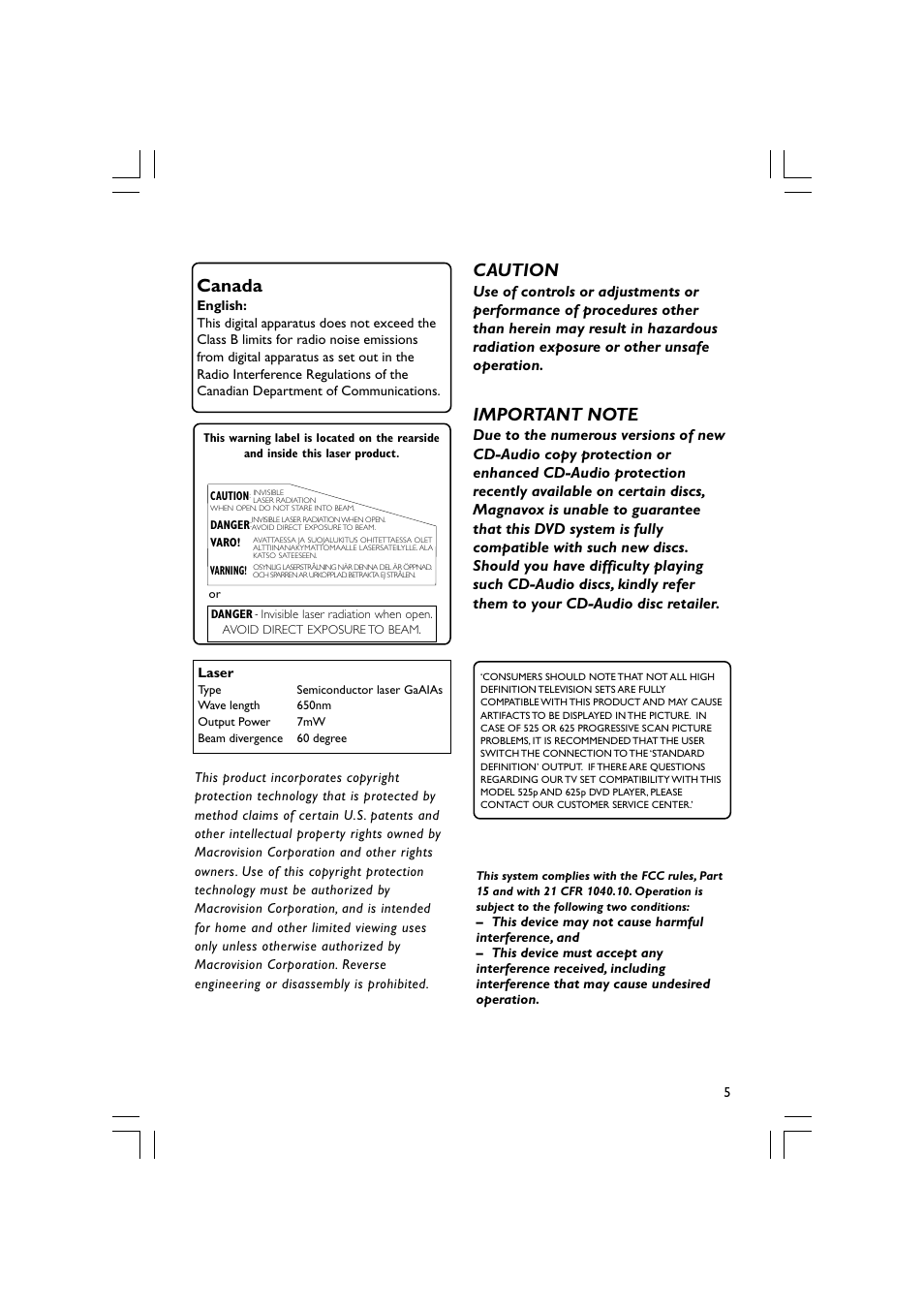 Caution, Canada | Philips Magnavox mrd120 User Manual | Page 5 / 40