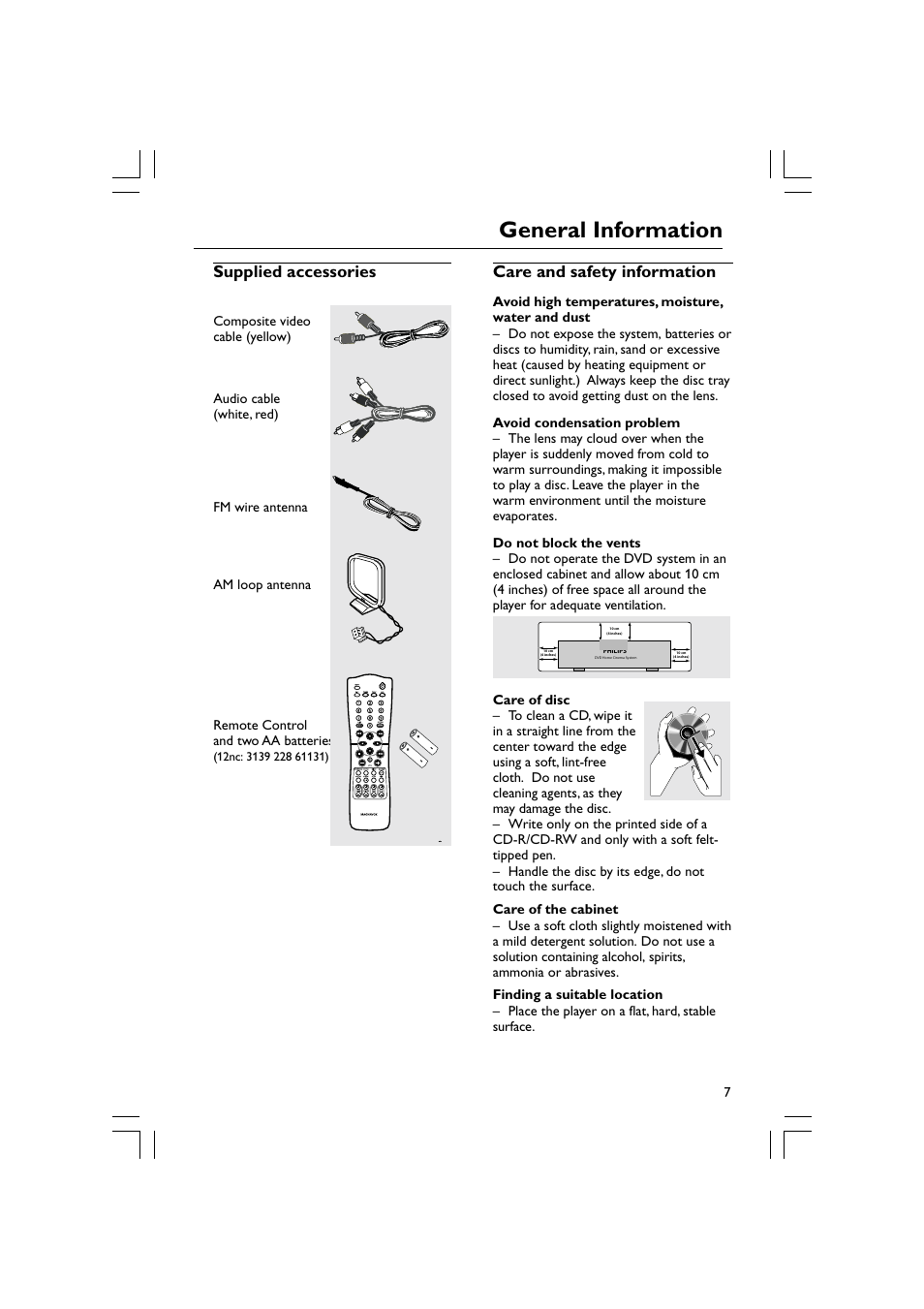 General information, Supplied accessories, Care and safety information | Philips Magnavox mrd120 User Manual | Page 7 / 40