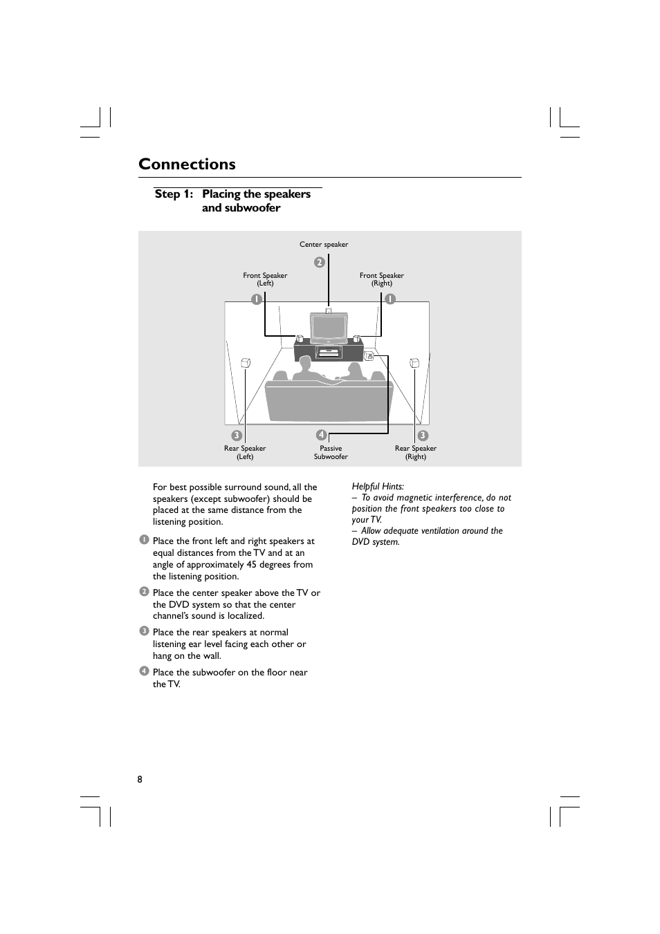 Connections, Step 1: placing the speakers and subwoofer | Philips Magnavox mrd120 User Manual | Page 8 / 40