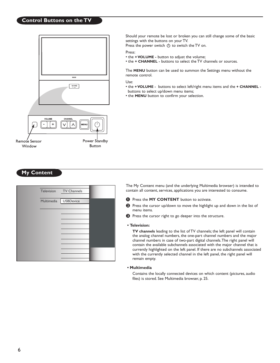 Control buttons on the tv, My content | Philips Magnavox 51MP6200D User Manual | Page 14 / 41