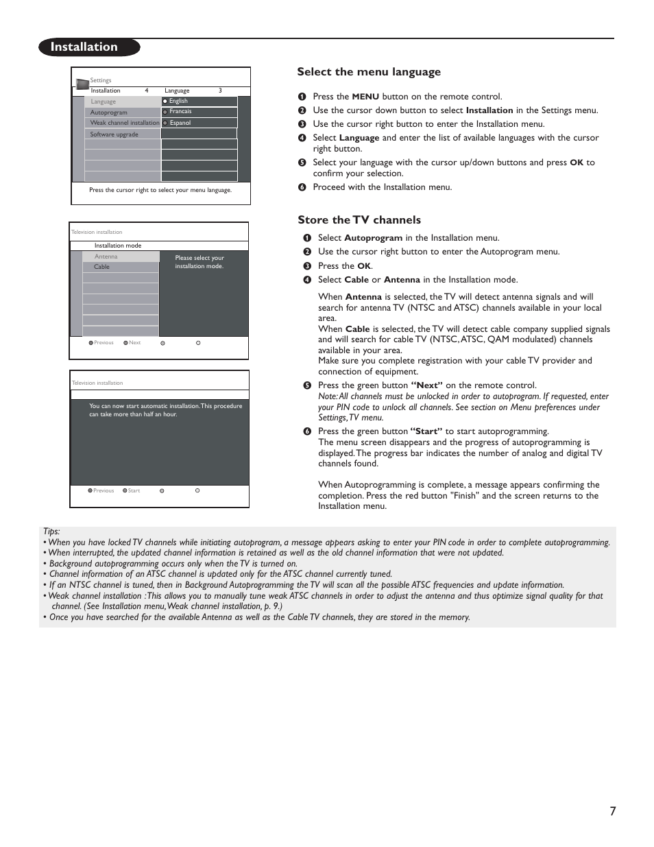 Installation, Store the tv channels select the menu language | Philips Magnavox 51MP6200D User Manual | Page 15 / 41