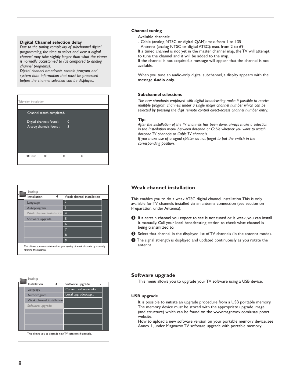 Weak channel installation, Software upgrade | Philips Magnavox 51MP6200D User Manual | Page 16 / 41