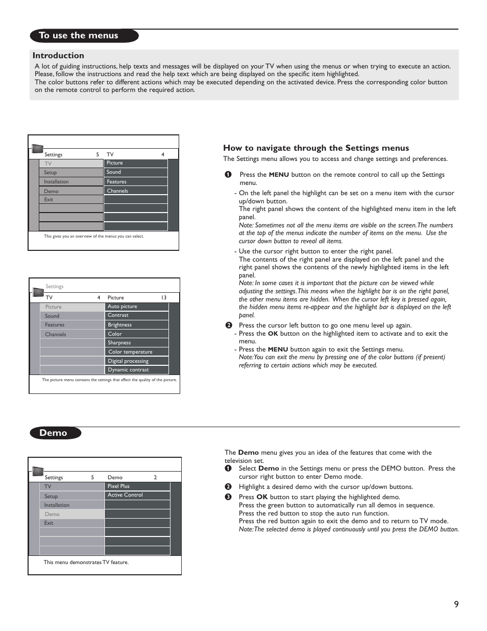 Demo, How to navigate through the settings menus, Introduction | Philips Magnavox 51MP6200D User Manual | Page 17 / 41