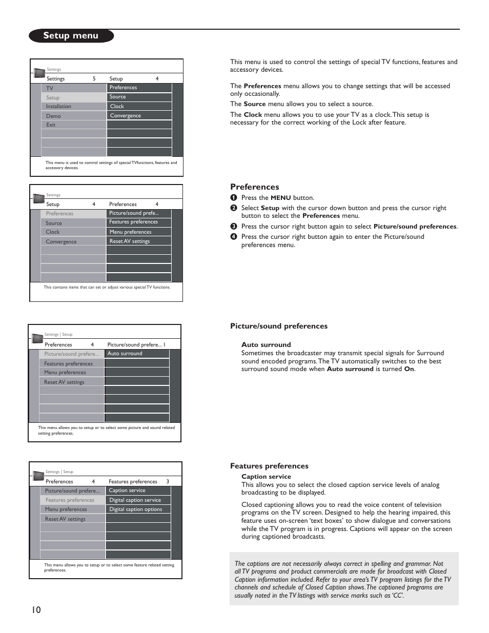Setup menu, Preferences | Philips Magnavox 51MP6200D User Manual | Page 18 / 41