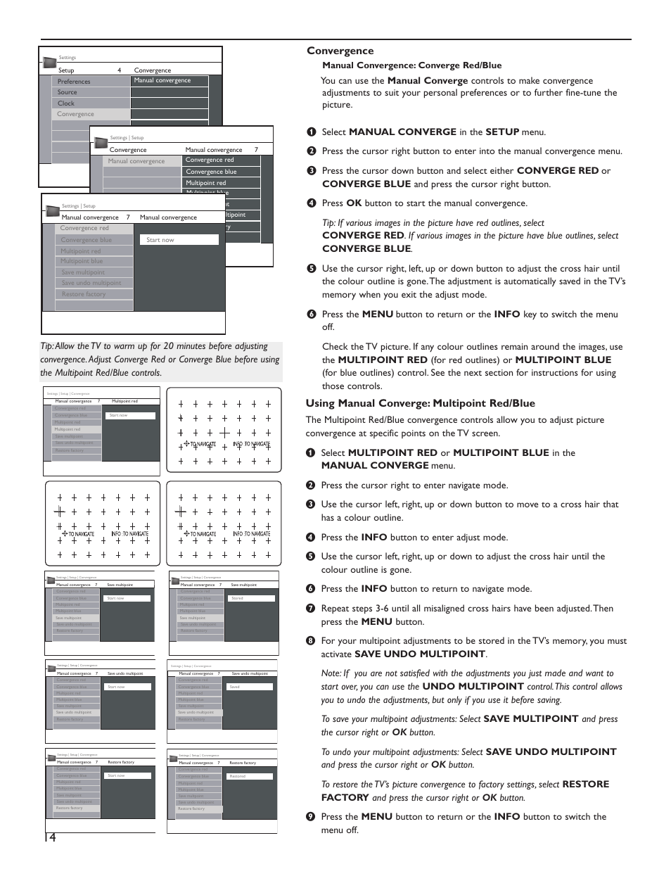 Convergence, Using manual converge: multipoint red/blue, Manual convergence: converge red/blue | Philips Magnavox 51MP6200D User Manual | Page 22 / 41