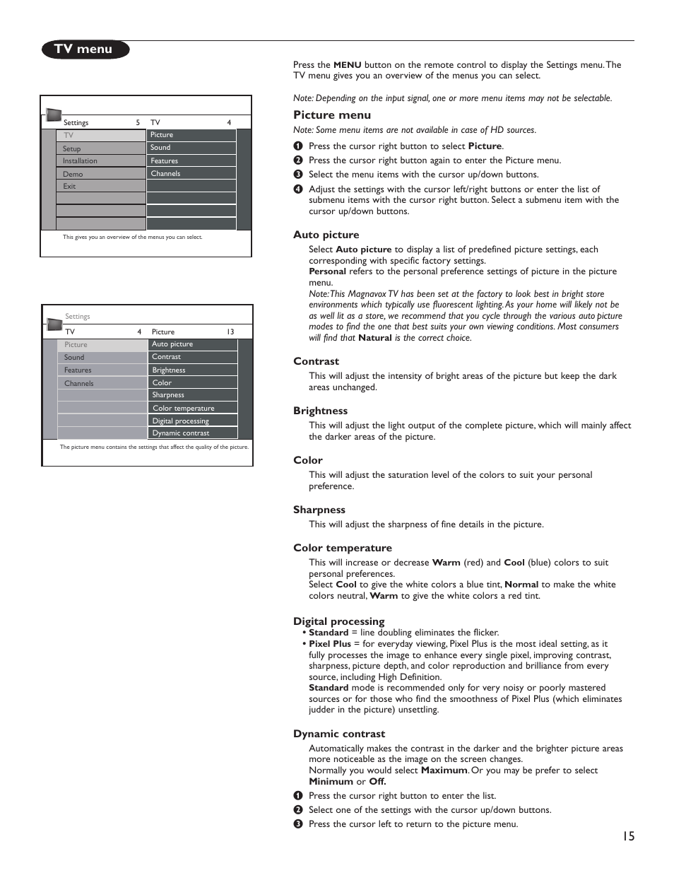 Tv menu, Picture menu | Philips Magnavox 51MP6200D User Manual | Page 23 / 41