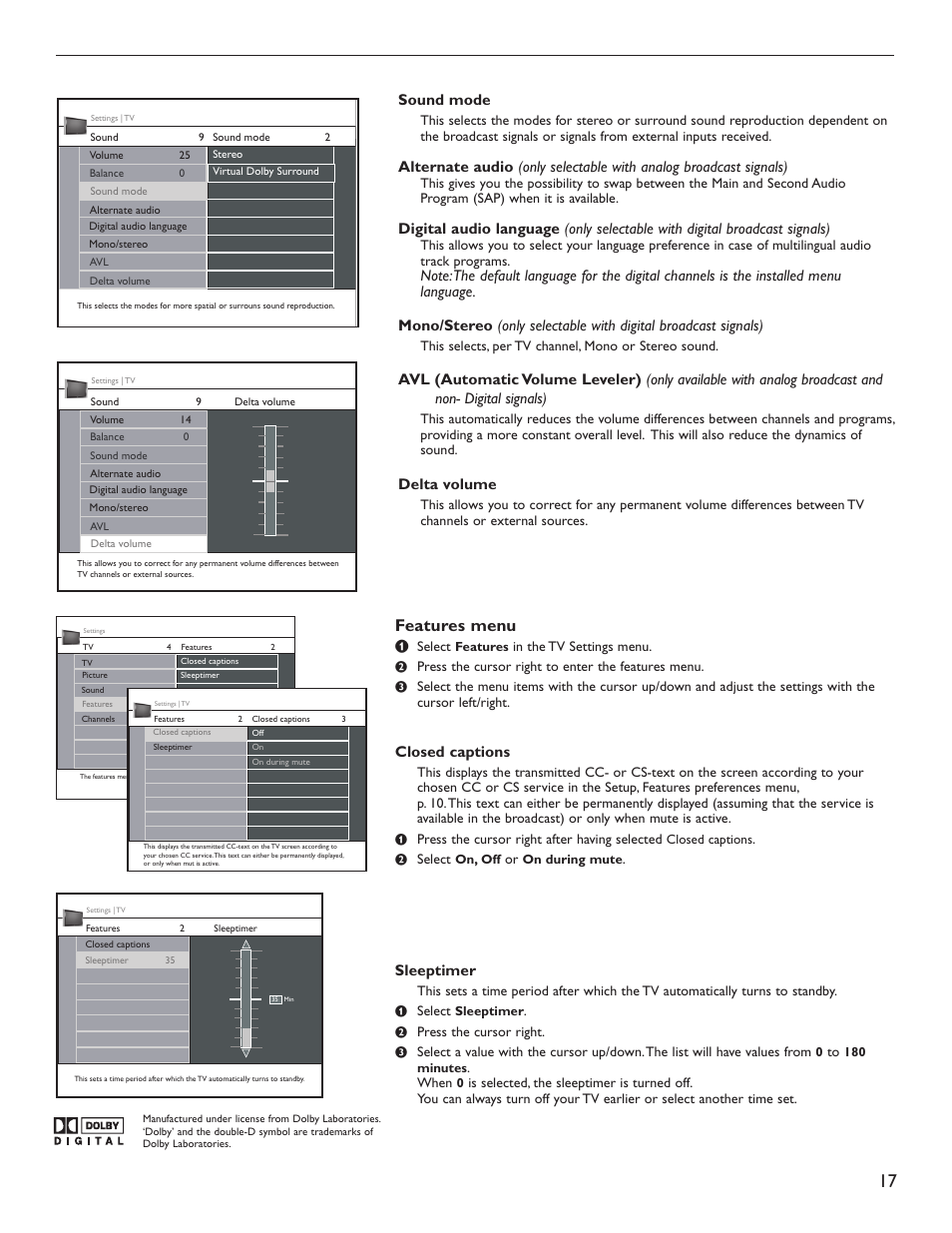 Features menu, Sound mode, Delta volume | Closed captions, Sleeptimer | Philips Magnavox 51MP6200D User Manual | Page 25 / 41