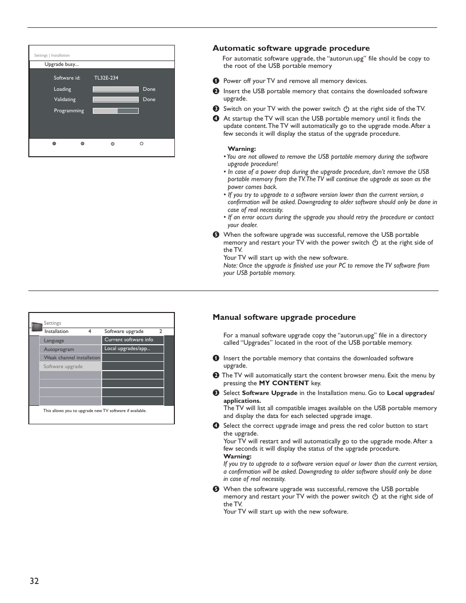 Manual software upgrade procedure, Automatic software upgrade procedure | Philips Magnavox 51MP6200D User Manual | Page 40 / 41