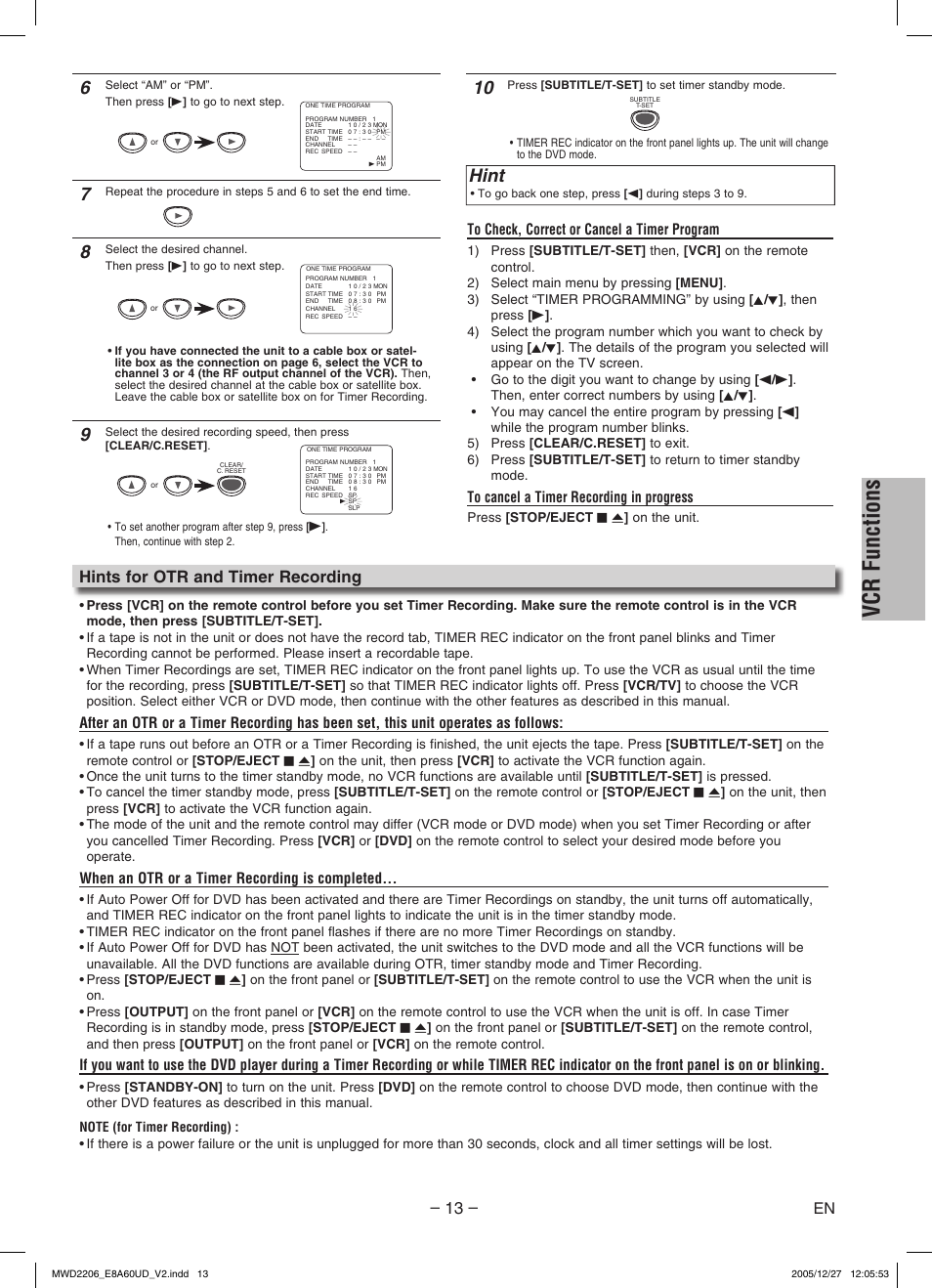 Vcr functions, Hint, Hints for otr and timer recording | When an otr or a timer recording is completed | Philips Magnavox MWD2206 User Manual | Page 13 / 28