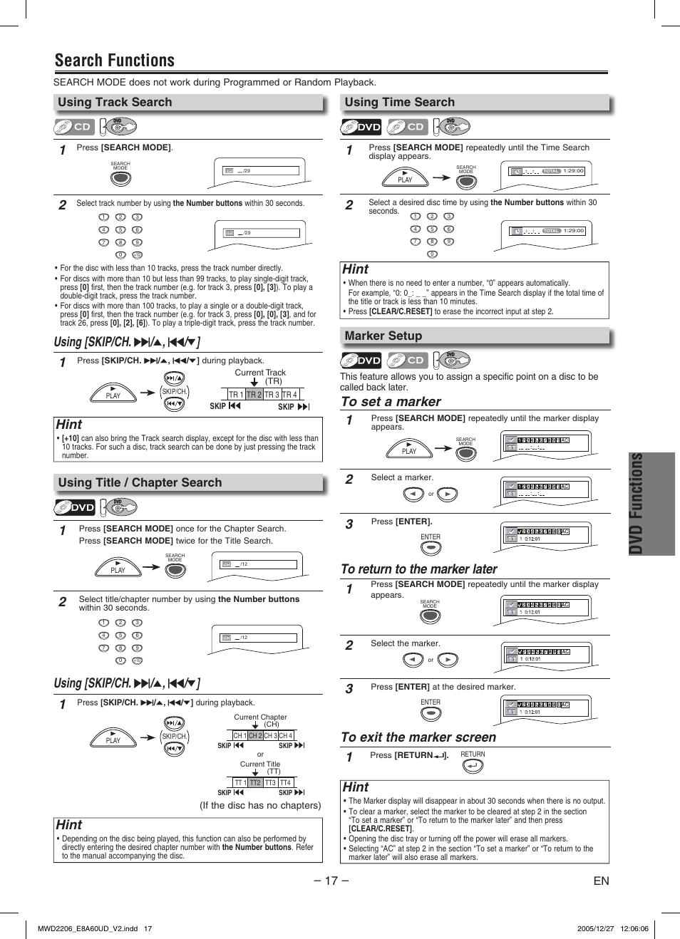 Dvd functions, Search functions, Using [skip/ch. g / o , h / p | Hint, Using track search, Using time search, Marker setup, Using title / chapter search | Philips Magnavox MWD2206 User Manual | Page 17 / 28