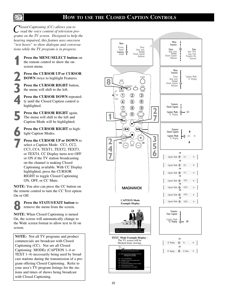 Ow to use the, Losed, Aption | Ontrols | Philips Magnavox 27MS5402/17 User Manual | Page 22 / 40